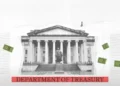 Image of a neoclassical building labeled "Department of Treasury" with illustrations of money, taxes, payroll, and programs surrounding it, highlighting economic impacts and negotiations on the U.S. debt ceiling.